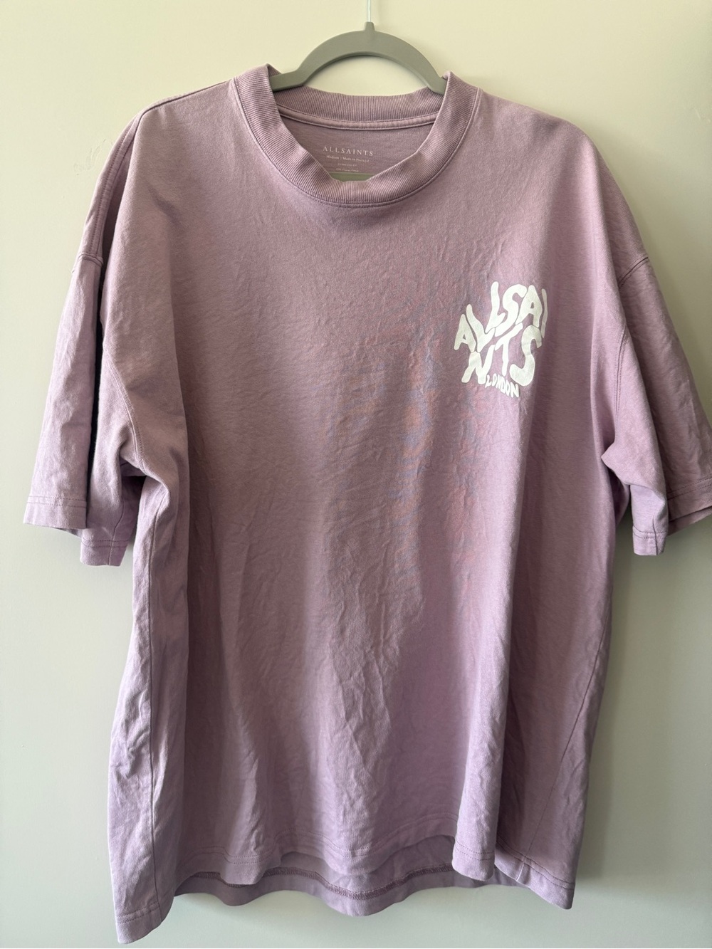 All Saints Lavender Crewneck Tee with White Chest Logo - Men
